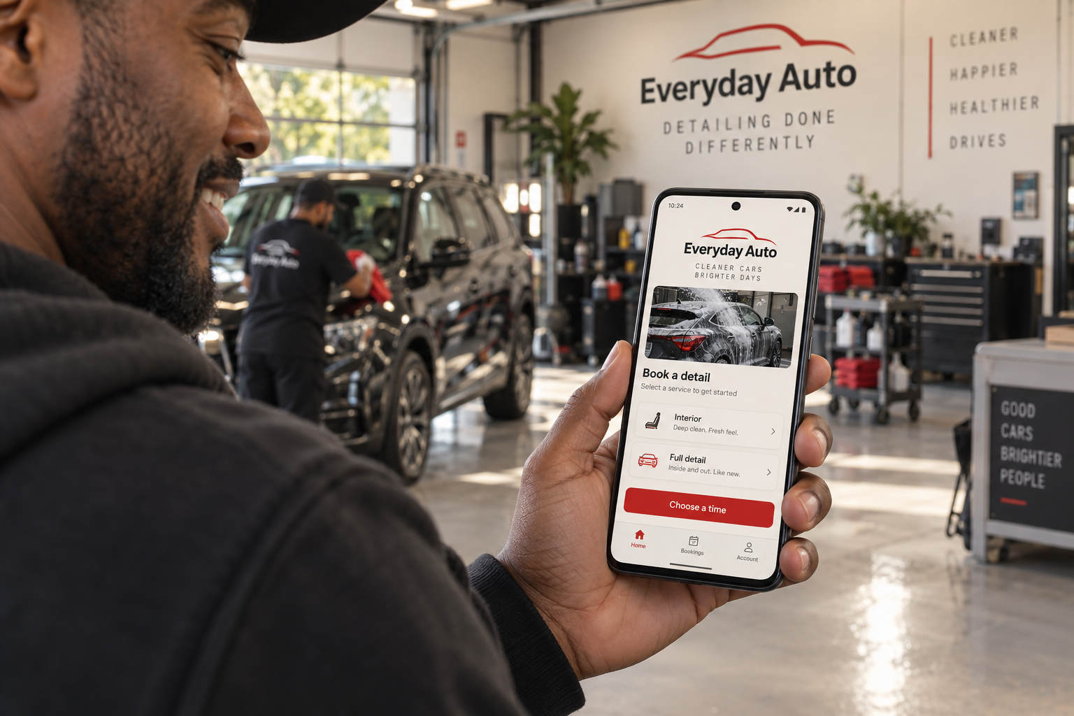 Promotional illustration of a customer holding an Android phone with a local auto-detailing booking app
