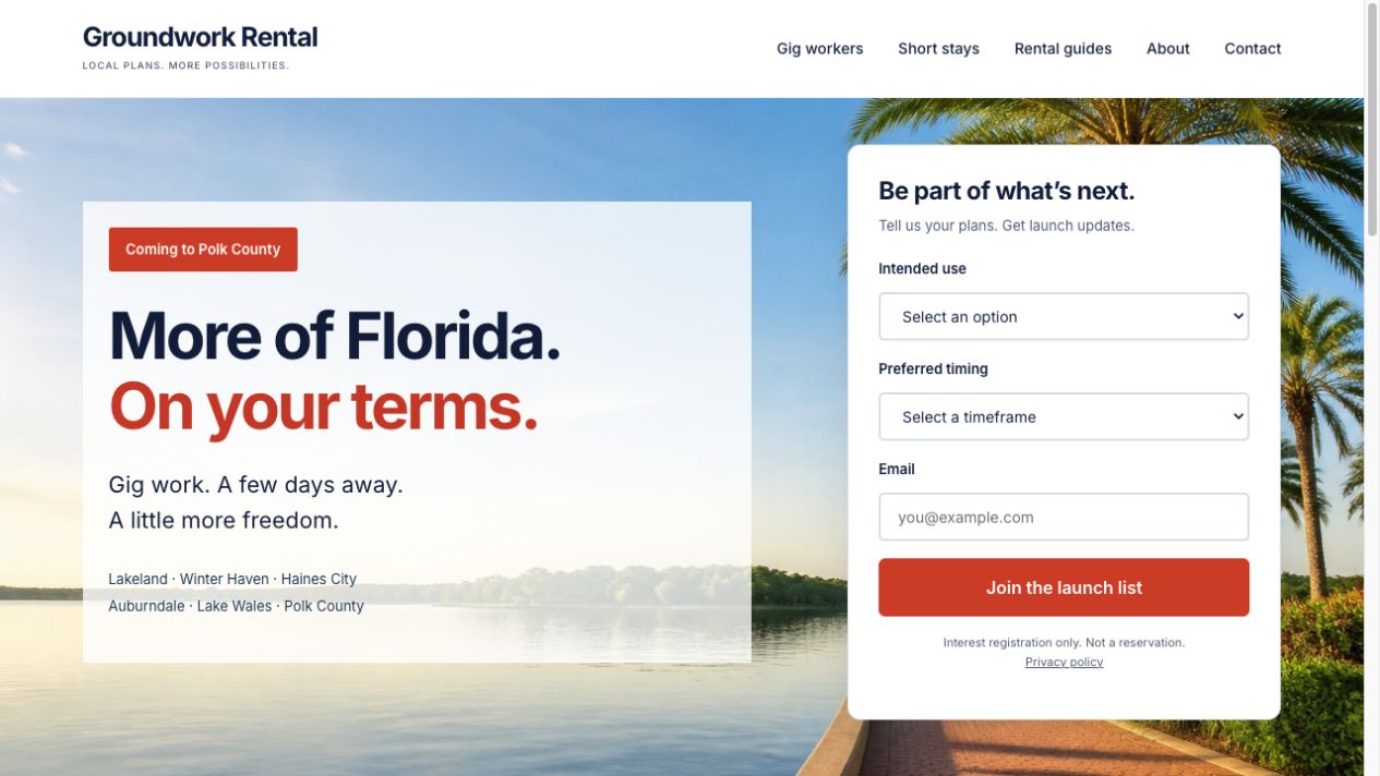 Groundwork Rental website showing rental information and an interest form