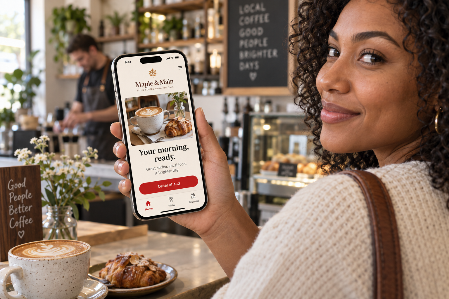 Promotional illustration of a woman holding an iPhone with a neighborhood café ordering app