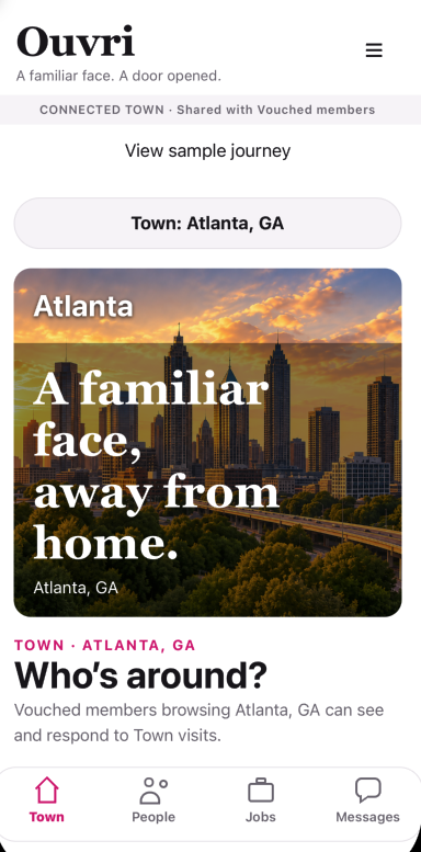 Ouvri product screen with the Atlanta town view and Town, People, Jobs and Messages navigation