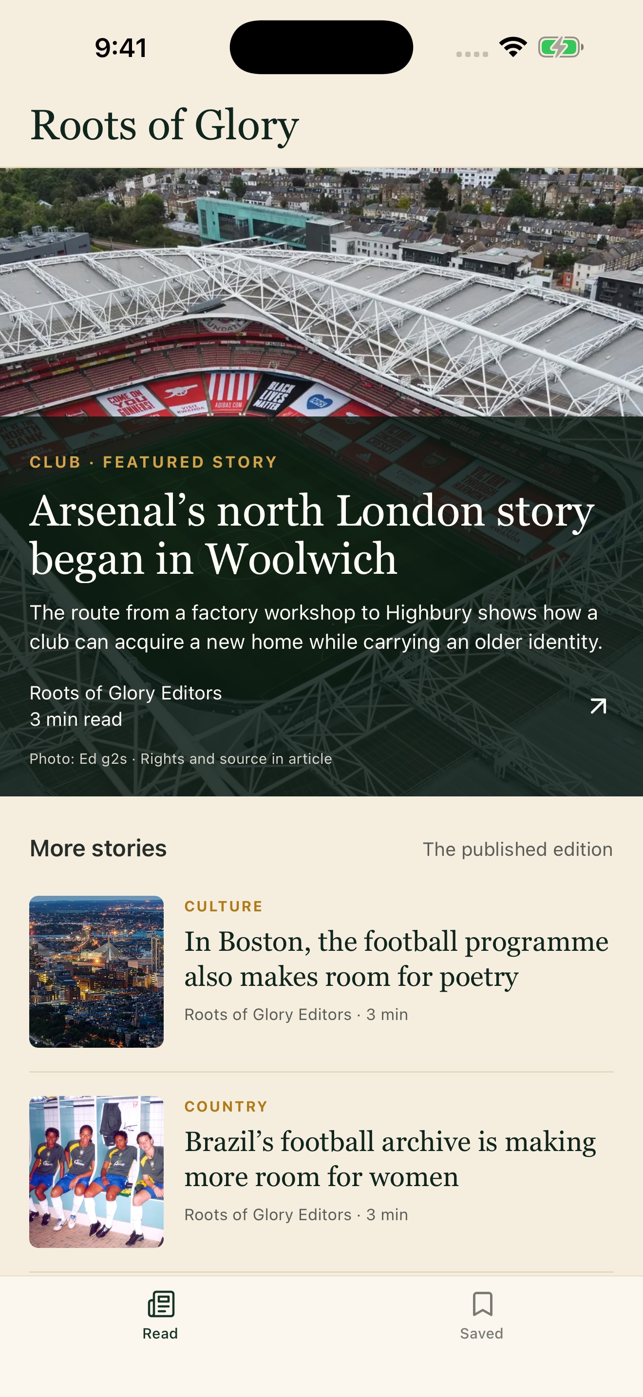 Roots of Glory iPhone reading screen with a featured football story, more stories and saved reading navigation